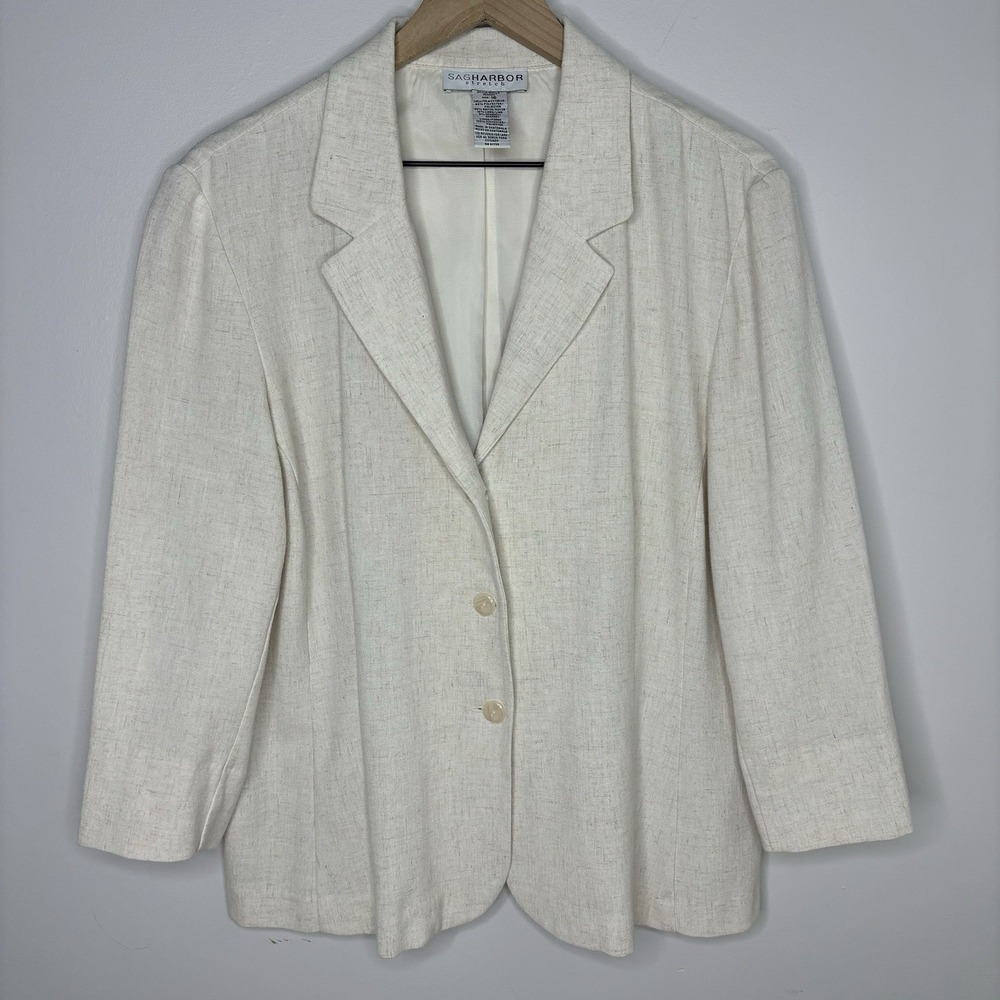 Sag Harbor Blazer Womens 16 Linen Blend Beige  Stretch Boxy 90s 3/4 Sleeve Light